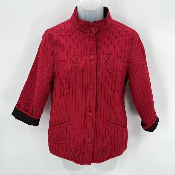 Chicos Jacket Womens 0 US Sz S 4 Red Paisley Quilted Cotton Buttons READ - Picture 1 of 11